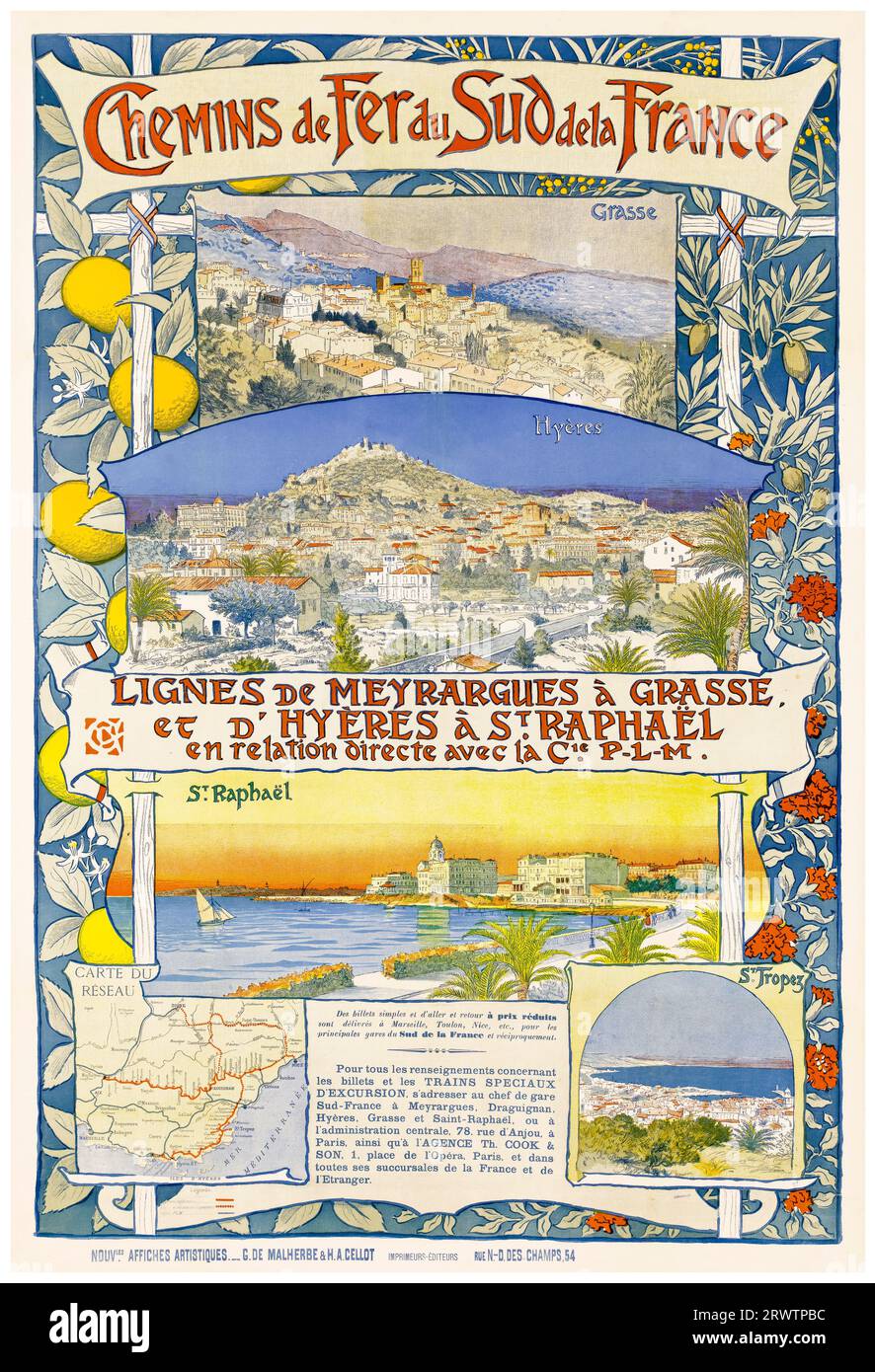Chemins de fer du Sud de la France, affiche de voyage vintage française, 1891 Banque D'Images