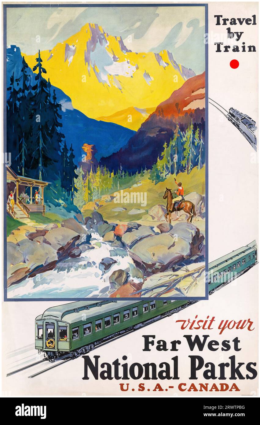 Années 1920, affiche de voyage vintage américain, États-Unis et Canada, Parcs nationaux, Voyage en train, 1920-1929 Banque D'Images