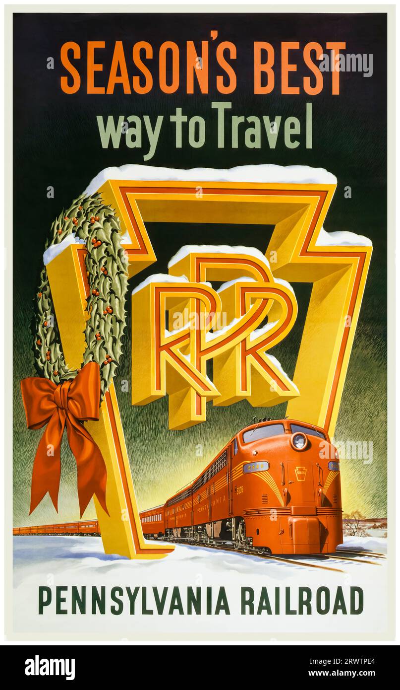 Pennsylvania Railroad, voyage en train de Noël, affiche de voyage vintage américaine, circa 1955 Banque D'Images