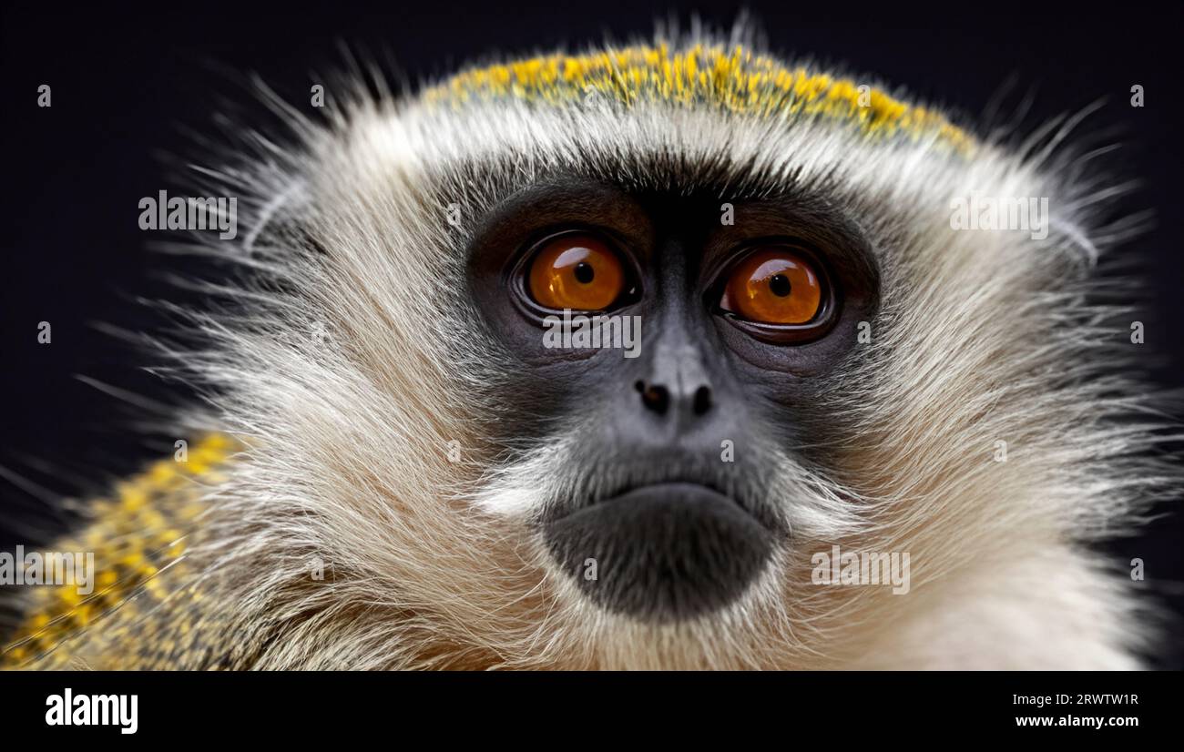 High Detail, photo Portrait moyen, un singe vervet sur fond noir. Haute qualité Banque D'Images