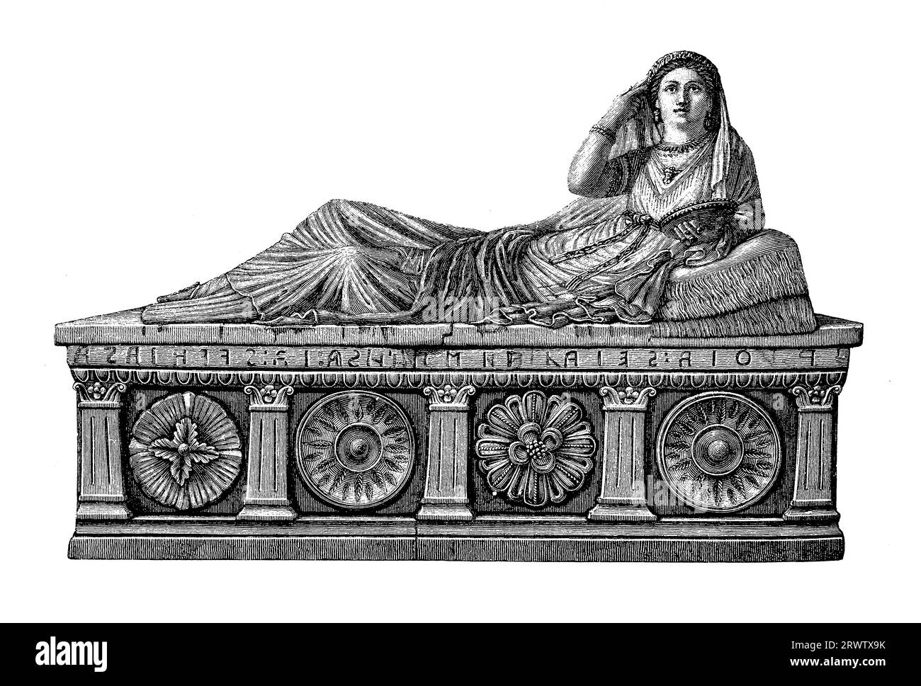 Art funéraire étrusque, sarcophage en terre cuite grandeur nature de Seianti Hanunia Tlesnasa, , noble étrusque (150–140 av. J.-C.), trouvé à Chiusi - Italie maintenant au British Museum Banque D'Images