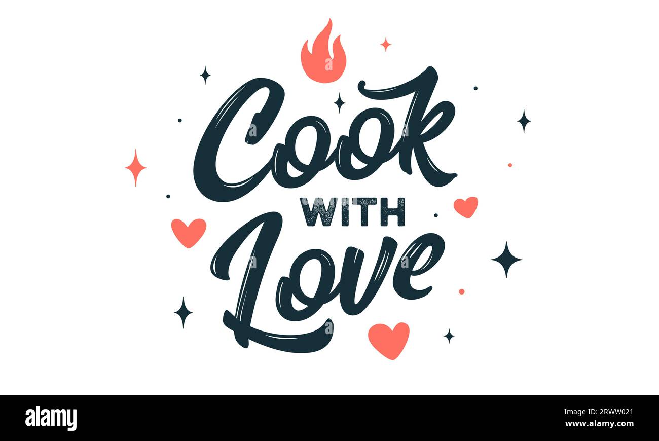 Lettrage Cook with Love. Décoration murale de cuisine, affiche, enseigne, citation. Affiche pour la conception de cuisine avec phrase pour chef et texte de lettrage Cook with Love. Typographie vintage. Illustration vectorielle Illustration de Vecteur