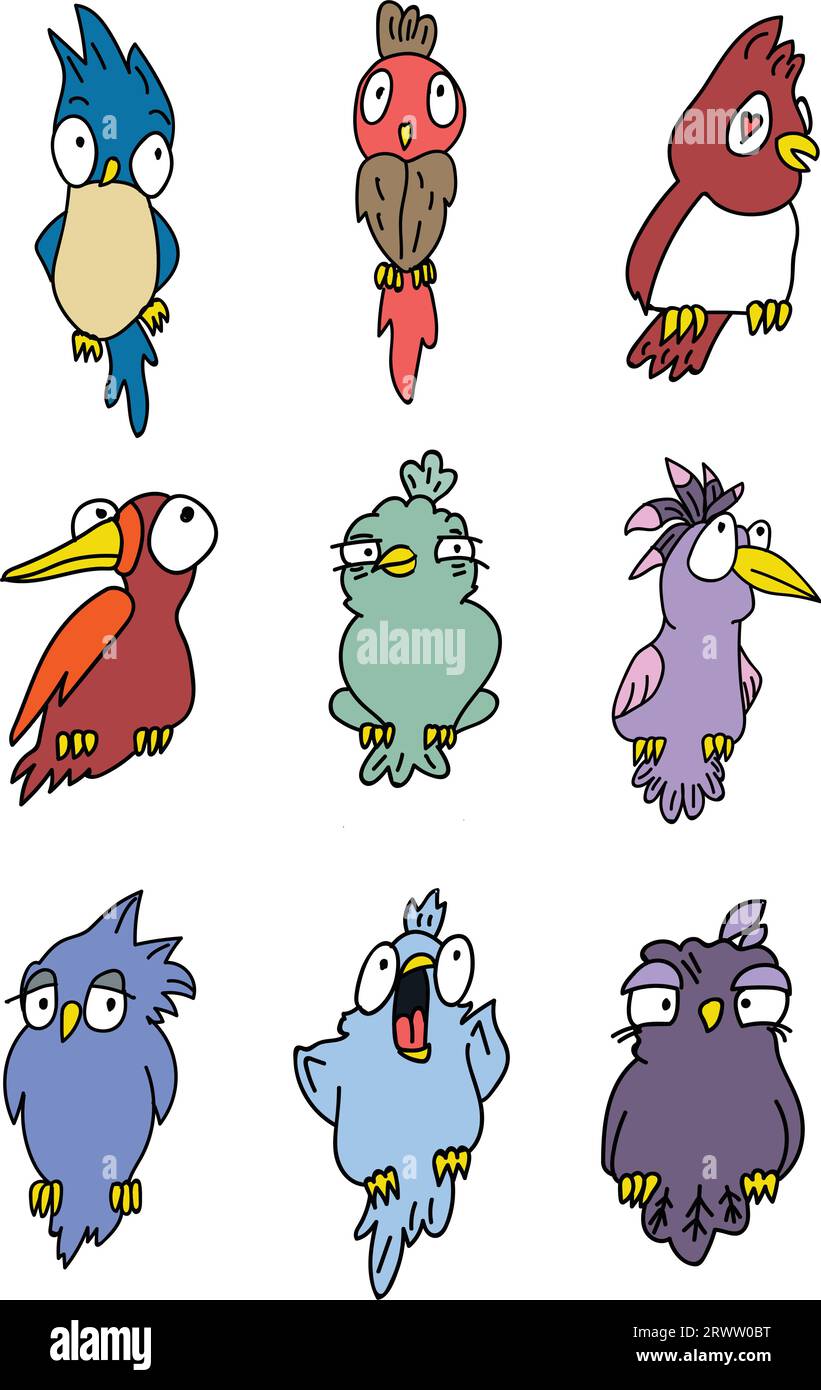 Ensemble d'oiseaux vectoriels mignons de dessin animé coloré Illustration de Vecteur
