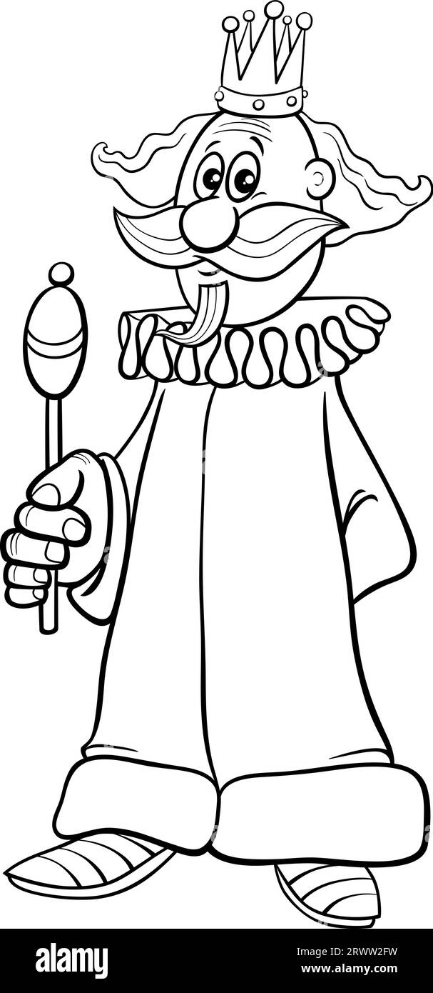 Illustration de dessin animé noir et blanc de drôles rois comique fantasy personnage avec un sceptre et une page de coloriage de couronne Illustration de Vecteur