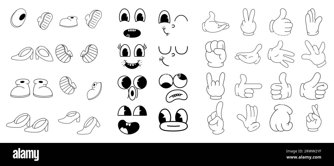 Collection de visages comiques, pieds et mains dans le style de bande dessinée rétro tendance des années 70. Mascotte groovy pied, bras, émotions. Illustration isolée. Illustration de Vecteur
