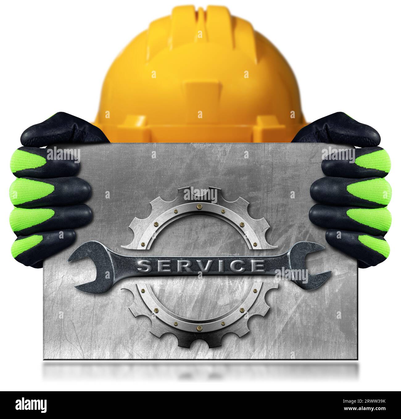 Travailleur manuel avec casque et gants de travail tenant un panneau commercial en métal avec une clé en acier inoxydable avec le texte Service et un engrenage en métal (roue dentée) Banque D'Images