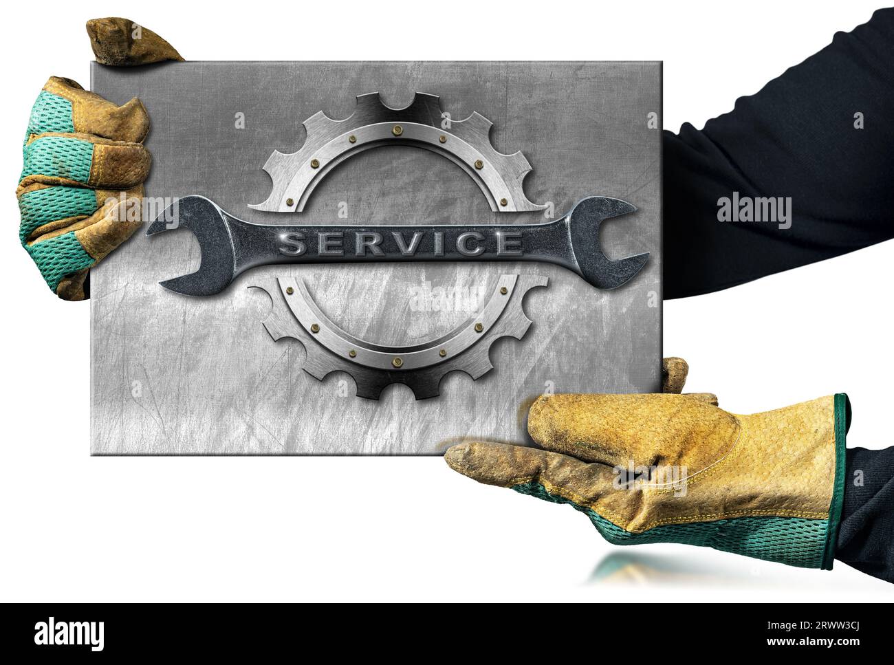 Travailleur manuel avec des gants de travail de protection tenant un panneau commercial en métal avec une clé en acier inoxydable avec le texte Service et un engrenage en métal (roue dentée). Banque D'Images