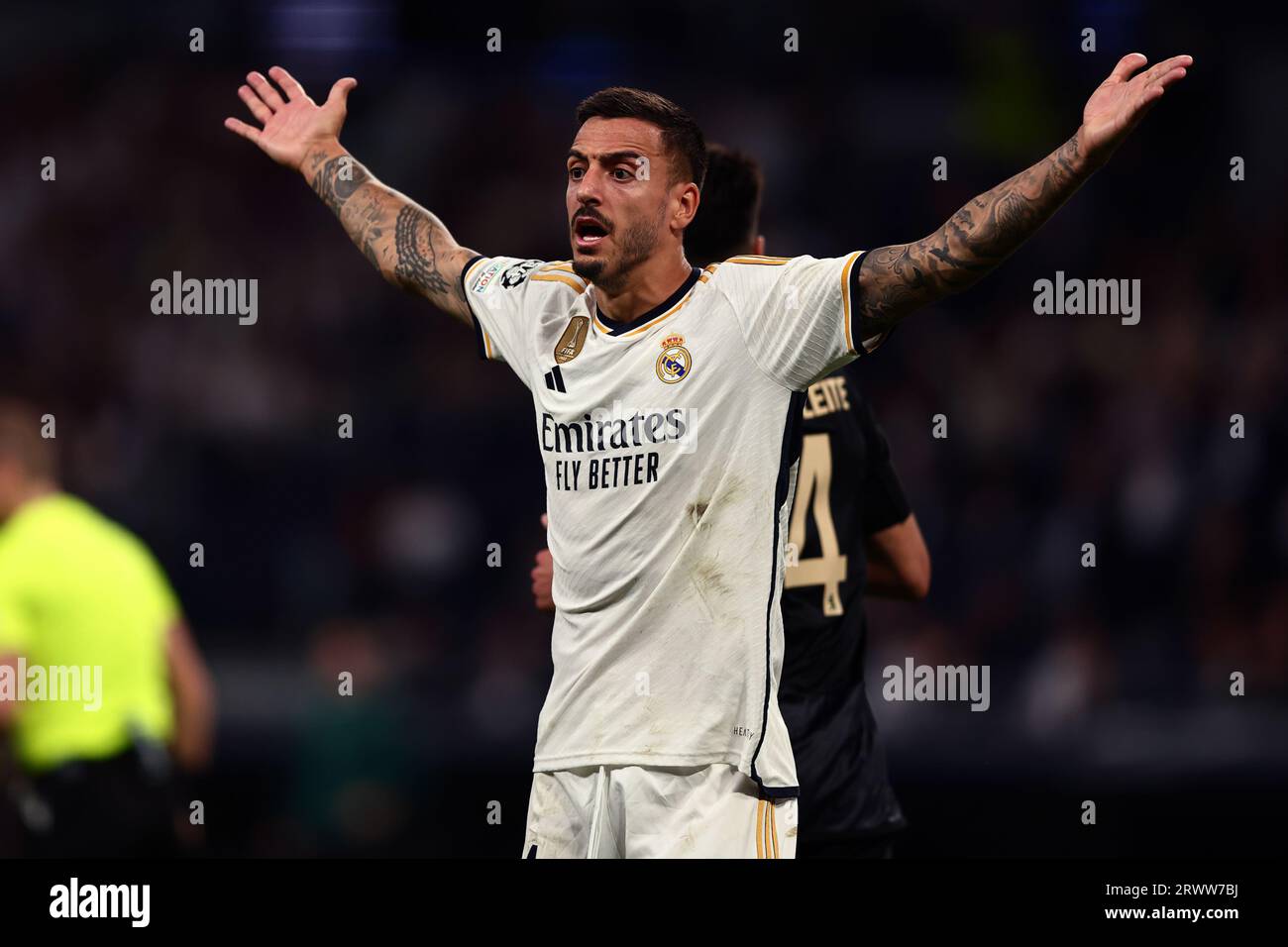 Madrid, Espagne. 20 septembre 2023. Joselu du Real Madrid CF fait des gestes lors du match de l'UEFA Champions League entre le Real Madrid CF et le FC Union Berlin au stade Santiago Bernabeu le 20 septembre 2023 à Madrid, Espagne . Crédit : Marco Canoniero/Alamy Live News Banque D'Images