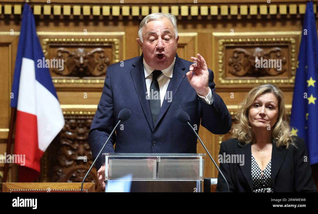 Gerard Larcher, président du Sénat français, prononce un discours devant le roi de Grande-Bretagne s'adresse aux sénateurs et aux membres de l'Assemblée nationale au Sénat français, la première fois qu'un membre de la famille royale britannique prend la parole depuis la Chambre du Sénat, à Paris le 21 septembre 2023. Le roi Charles III de Grande-Bretagne et son épouse la reine Camilla sont en visite d'État de trois jours à partir du 20 septembre 2023, à Paris et Bordeaux, six mois après les émeutes et les grèves ont forcé le report de dernière minute de sa première visite d'État en tant que roi. Photo Emmanuel Dunand/Pool/ABACAPRESS.COM Banque D'Images