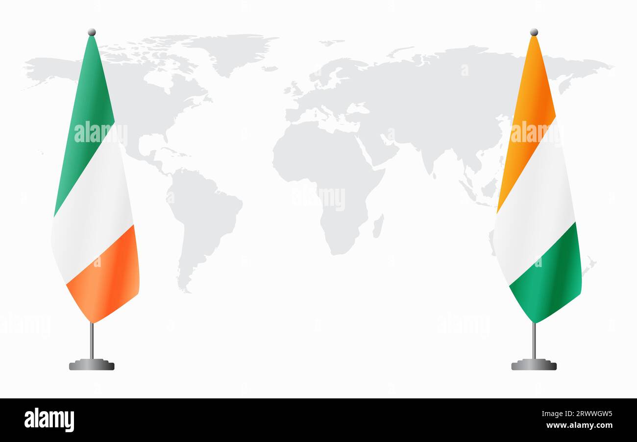 Drapeaux de l'Irlande et de la Côte d'Ivoire pour réunion officielle sur fond de carte du monde. Illustration de Vecteur