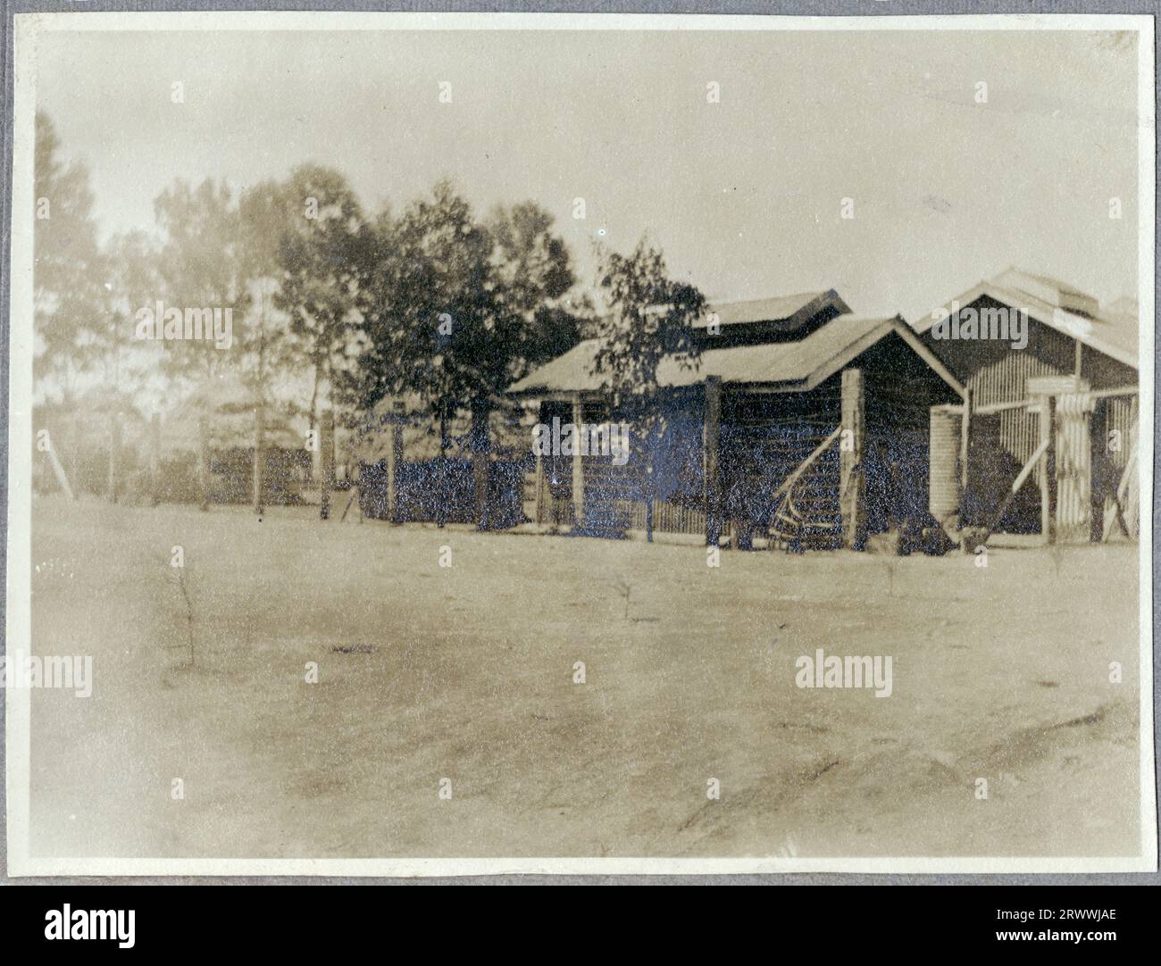L'une des huit photos de la construction de 4 maisons en chaume à ossature de bois et d'un atelier pour le Native Industrial Training Depot où Charles Bungey était instructeur technique en chef. Cette photo montre le début du projet, une ligne de 5 ensembles de murs avant et arrière à ossature de bois. Légende originale du manuscrit : quartiers des élèves N. I. T.D. Kabete. 1924. Banque D'Images