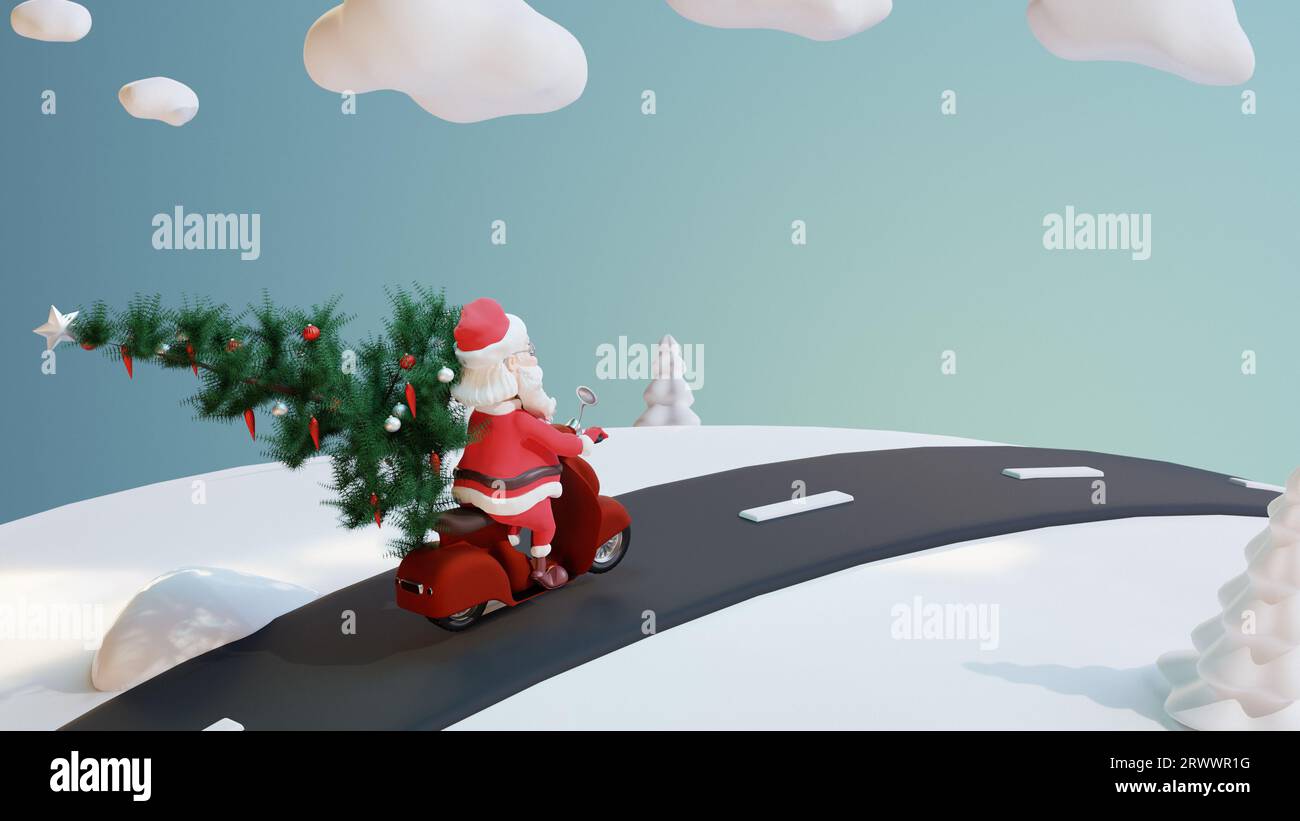 Santa Claus de dessin animé avec scooter d'équitation d'arbre de Noël. rendu 3d. Banque D'Images