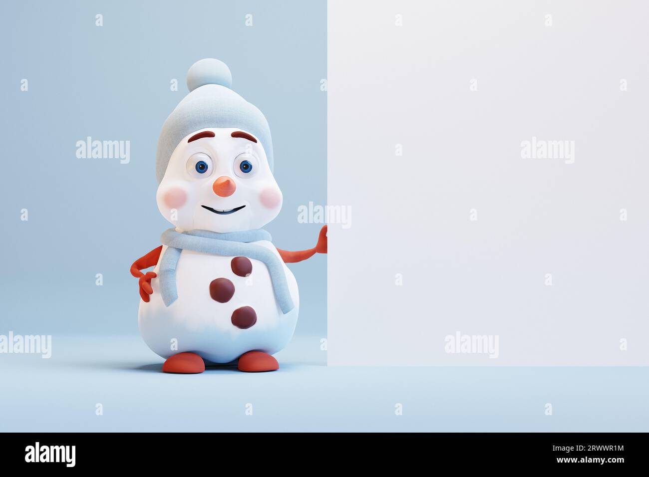 Bonhomme de neige mignon de dessin animé avec bannière sur fond bleu. rendu 3d. Banque D'Images