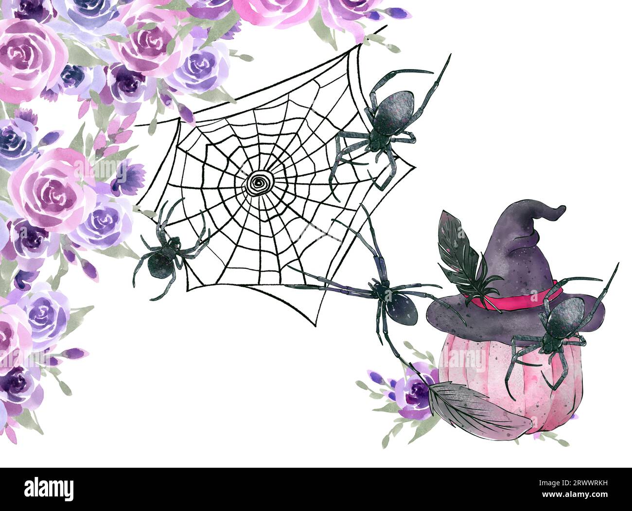 Modèle d'aquarelle Halloween, illustration vintage. Collection de Halloween noir et rose. Illustration dessinée à la main. Banque D'Images