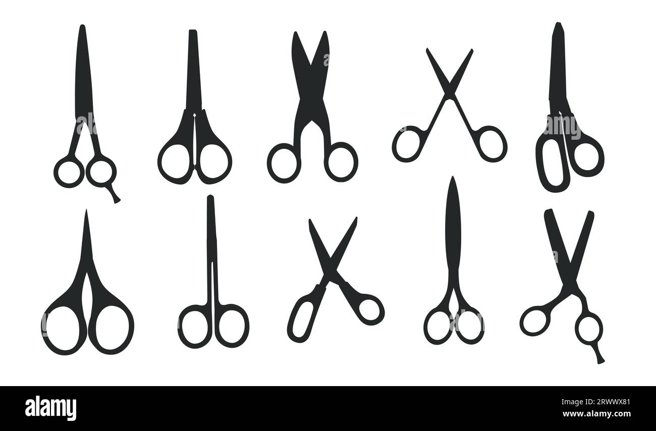 Silhouette noire ensemble de différents modèles de ciseaux outils de coupe illustration vectorielle simple de dessin animé isolé sur fond blanc Illustration de Vecteur