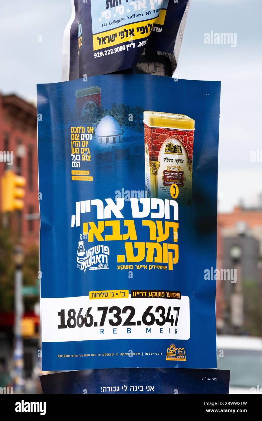 Une pancarte sur Lee Avenue à Williamsburg sollicitant des dons à une œuvre caritative hassidique israélienne digne du nom de Reb Meir, un sage juif des 1e et 2e siècles. Banque D'Images