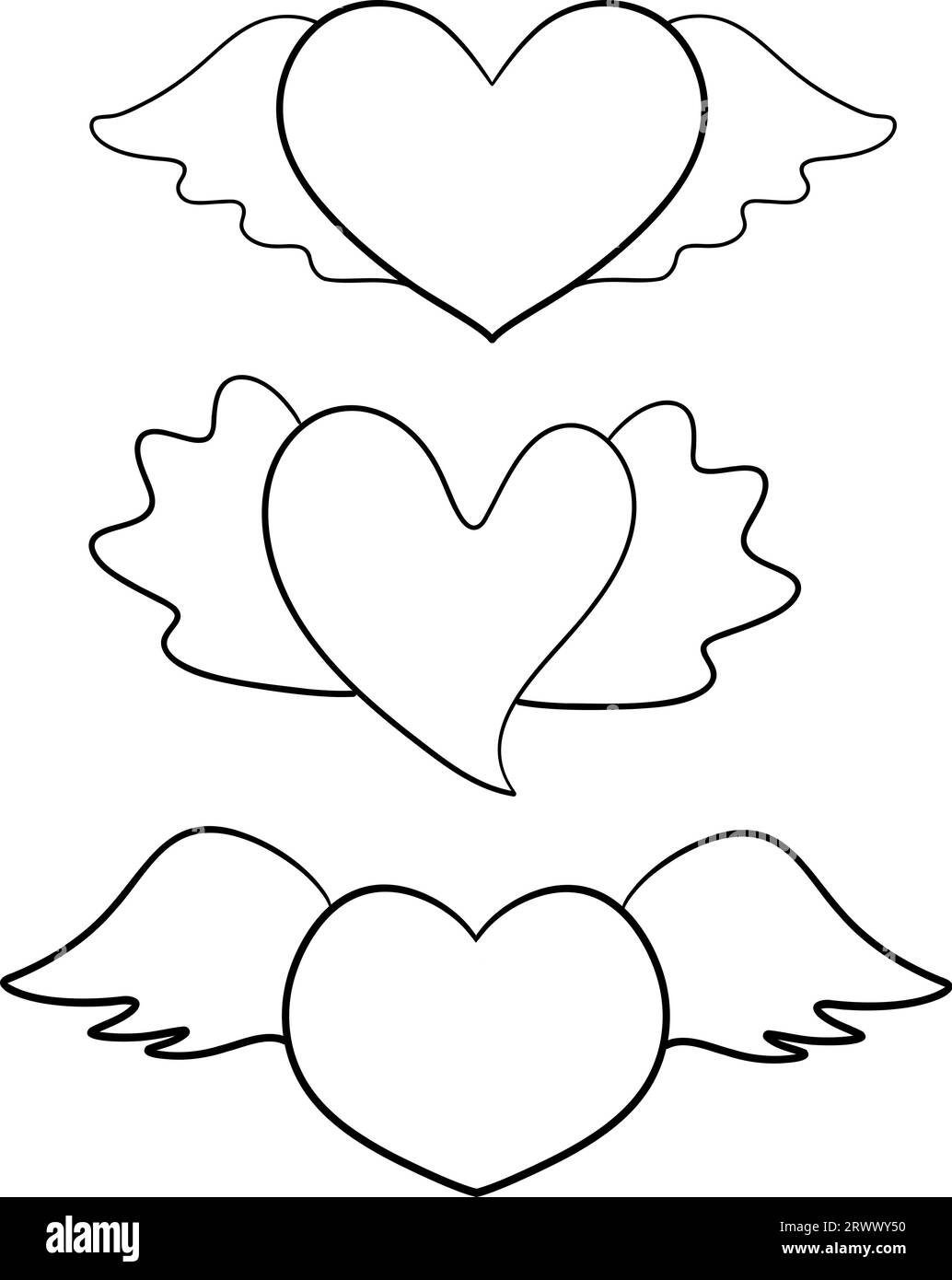 Coeur avec des ailes, dessin de ligne dessiné à la main sur fond blanc. Isolé. Illustration de Vecteur