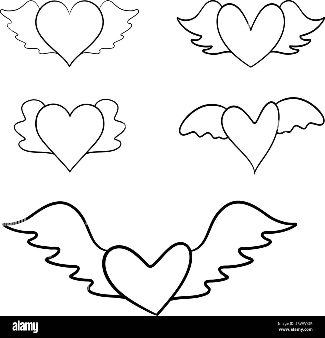 Coeur avec des ailes, dessin de ligne dessiné à la main sur fond blanc. Isolé. Illustration de Vecteur