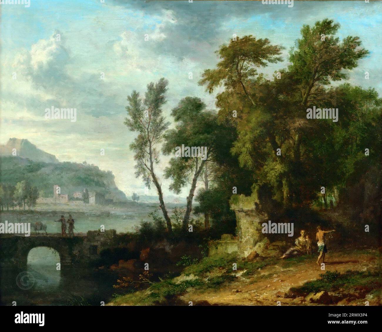 Jan van Huysum (1682-1749) -- Paysage avec figures, ruines et pont c.1710-30, 23х29 Banque D'Images