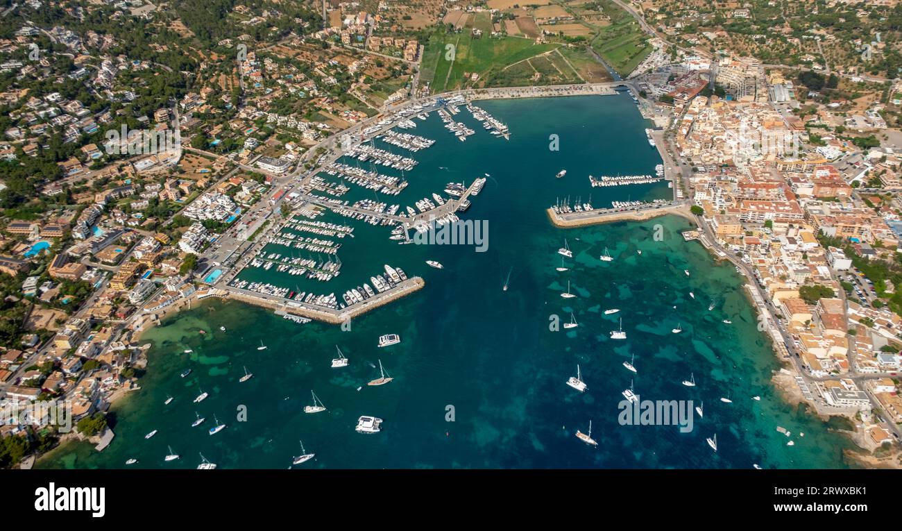 Vue aérienne, Port d'Andratx, port d'Andratx, voiliers et yachts, Andratx, îles Baléares, Majorque, Espagne, Baléares, Jetty, débarquement de bateaux, ES, Europ Banque D'Images