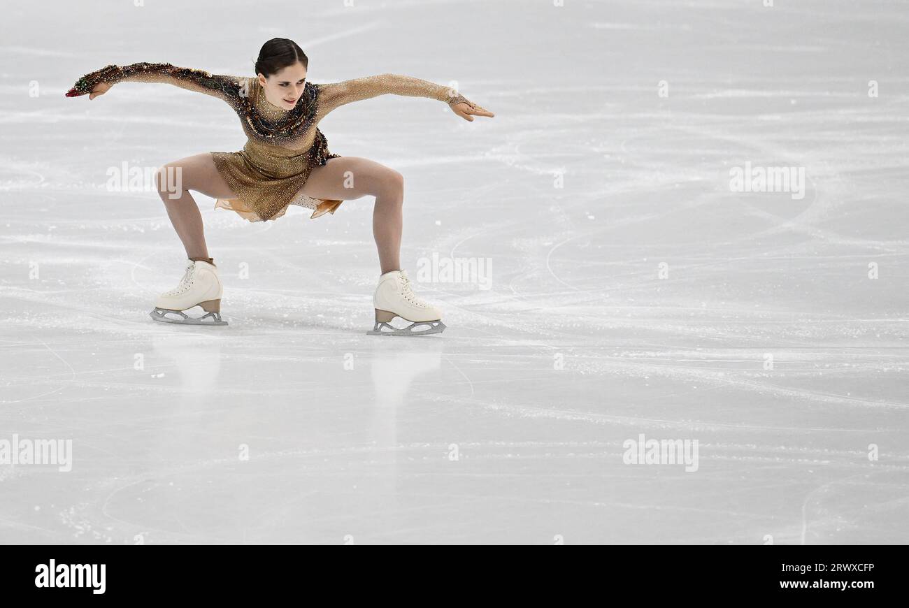 Oberstdorf, Allemagne. 21 septembre 2023. Patinage artistique : série Challenger - Trophée Nebelhorn, individuel, féminin, Programme court. Isabeau Levito des États-Unis sur la glace. Crédit : Angelika Warmuth/dpa/Alamy Live News Banque D'Images