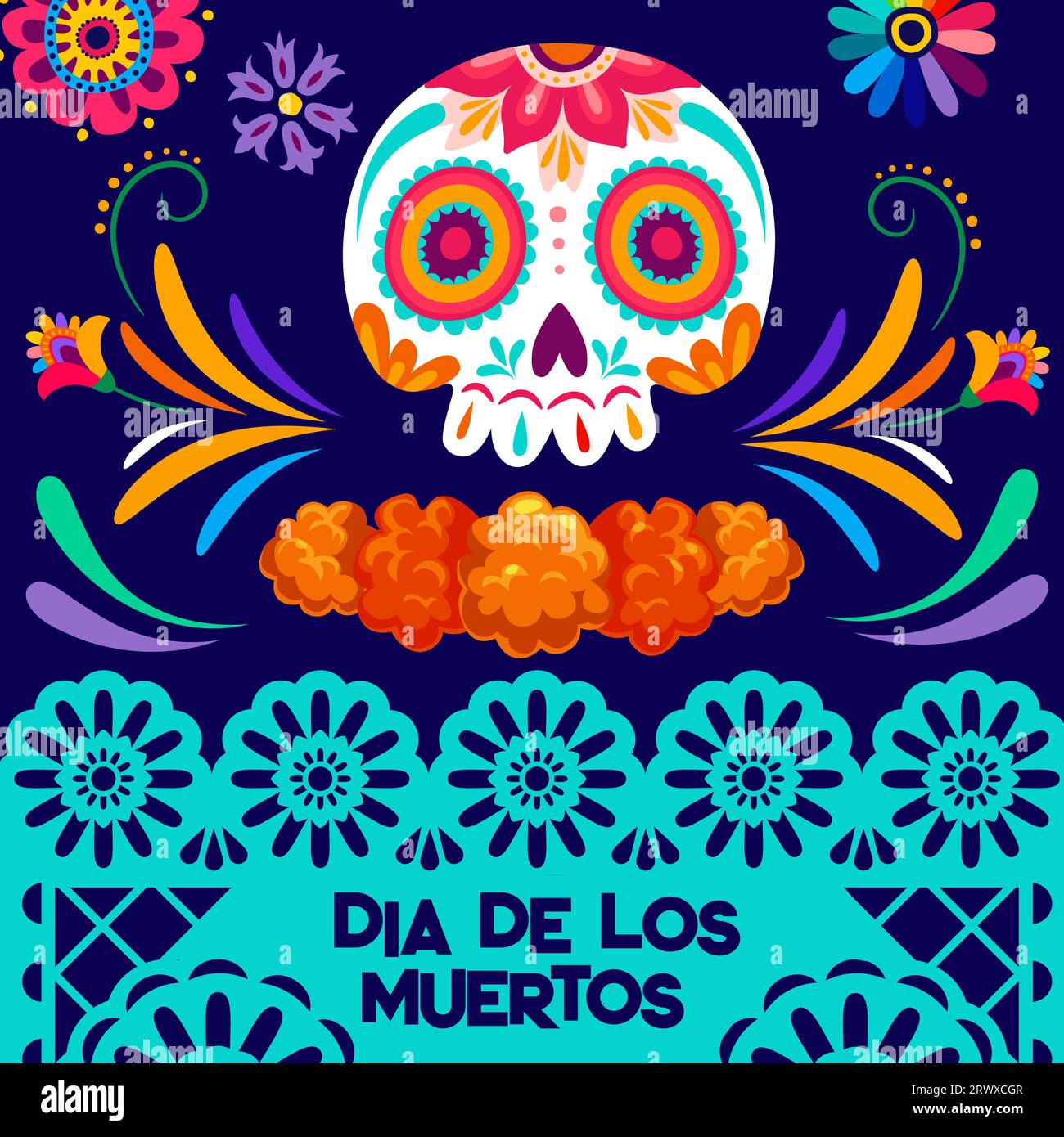 Jour des morts vacances mexicaines papel picado papier coupé bannière, vecteur Dia de Los Muertos. Crâne de sucre de bande dessinée et fleurs de souci de l'autel ofrenda avec carte de voeux de motif floral de couleur vive Illustration de Vecteur