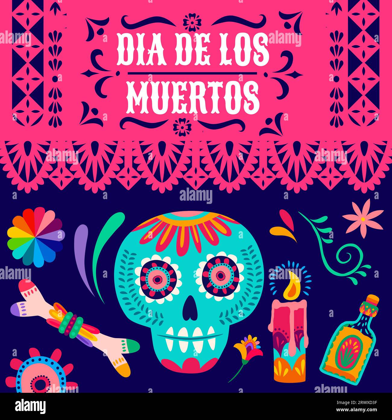 Day of the Dead fête mexicaine drapeau de papel picado et crâne de sucre. Vector Dia de Los Muertos Mexique Halloween calavera crâne, bougie d'autel, tequila et squelette os avec motif de fleurs ethniques latines Illustration de Vecteur
