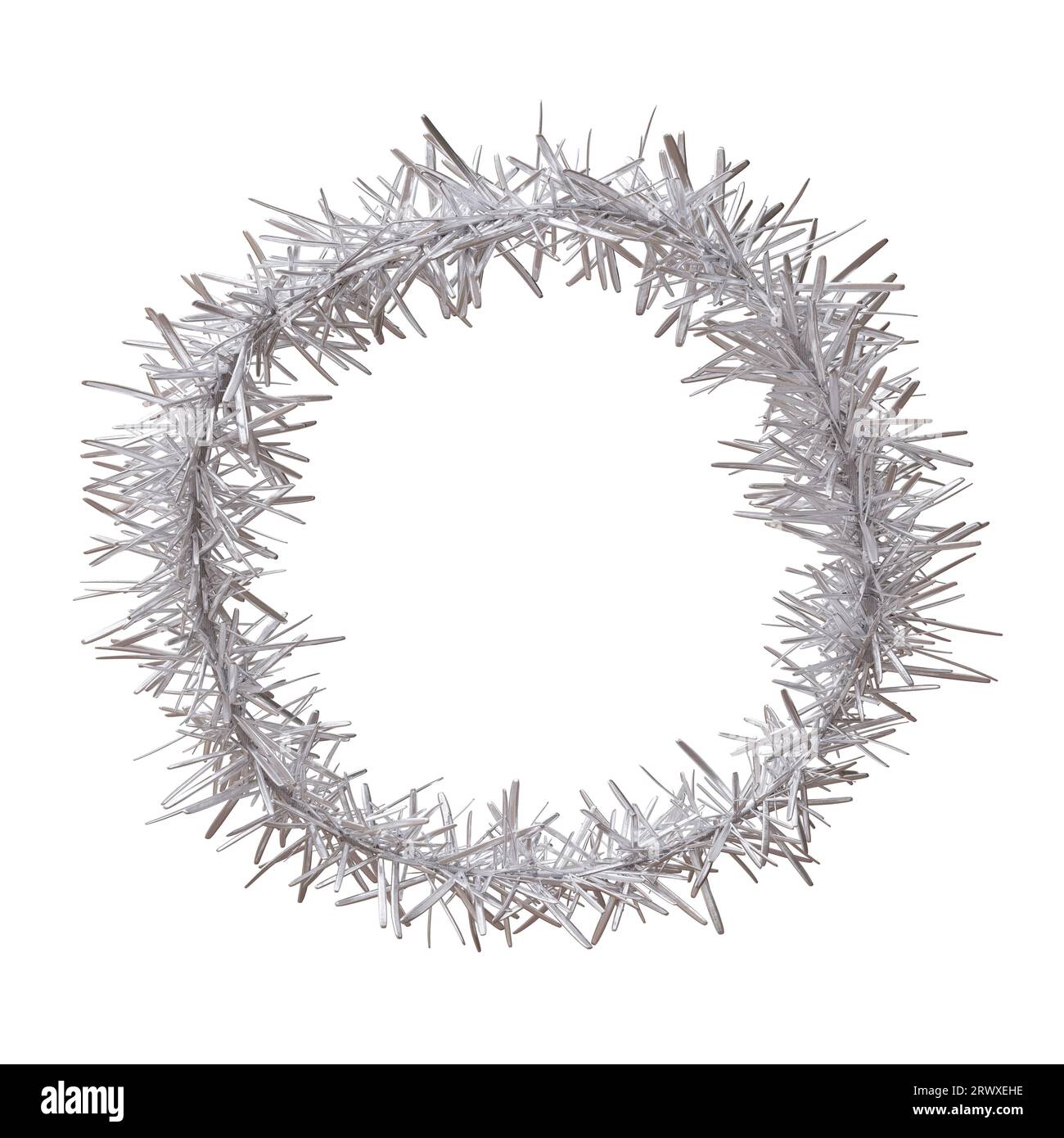 Couronne d'argent de Noël isolé sur blanc transparent, cadre rond d'arbre de Noël, modèle de carte vide Banque D'Images