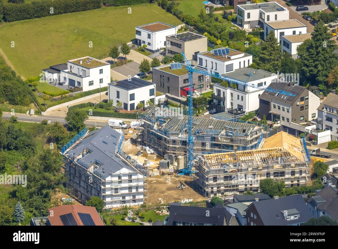 Vue aérienne, quartier résidentiel de Bochum-Süd, chantier et bâtiments résidentiels neufs, vorm Felde, Stiepel, Bochum, Ruhrgebiet, non Banque D'Images