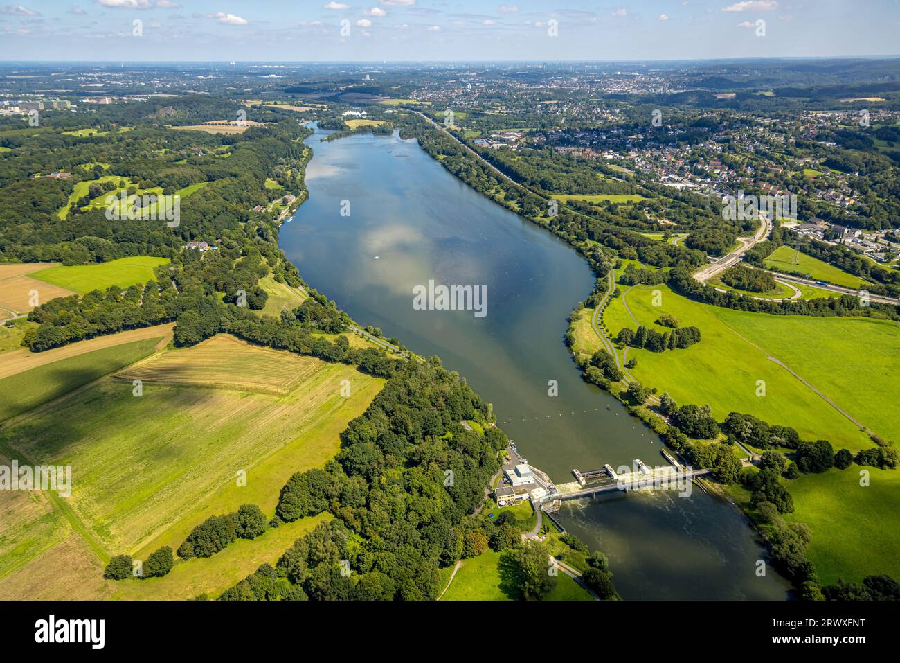 Vue aérienne, lac et barrage de Kemnader, Stiepel, Bochum, région de la Ruhr, Rhénanie du Nord-Westphalie, Allemagne, DE, Europe, Photographie aérienne, loisirs locaux sont Banque D'Images