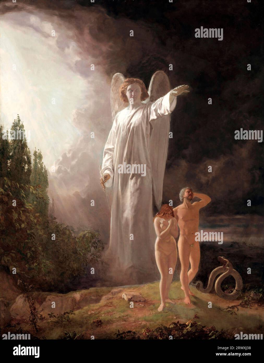 Expulsion d'Adam et Ève par John Faed (1819-1902), huile sur tissu, années 1880 Banque D'Images