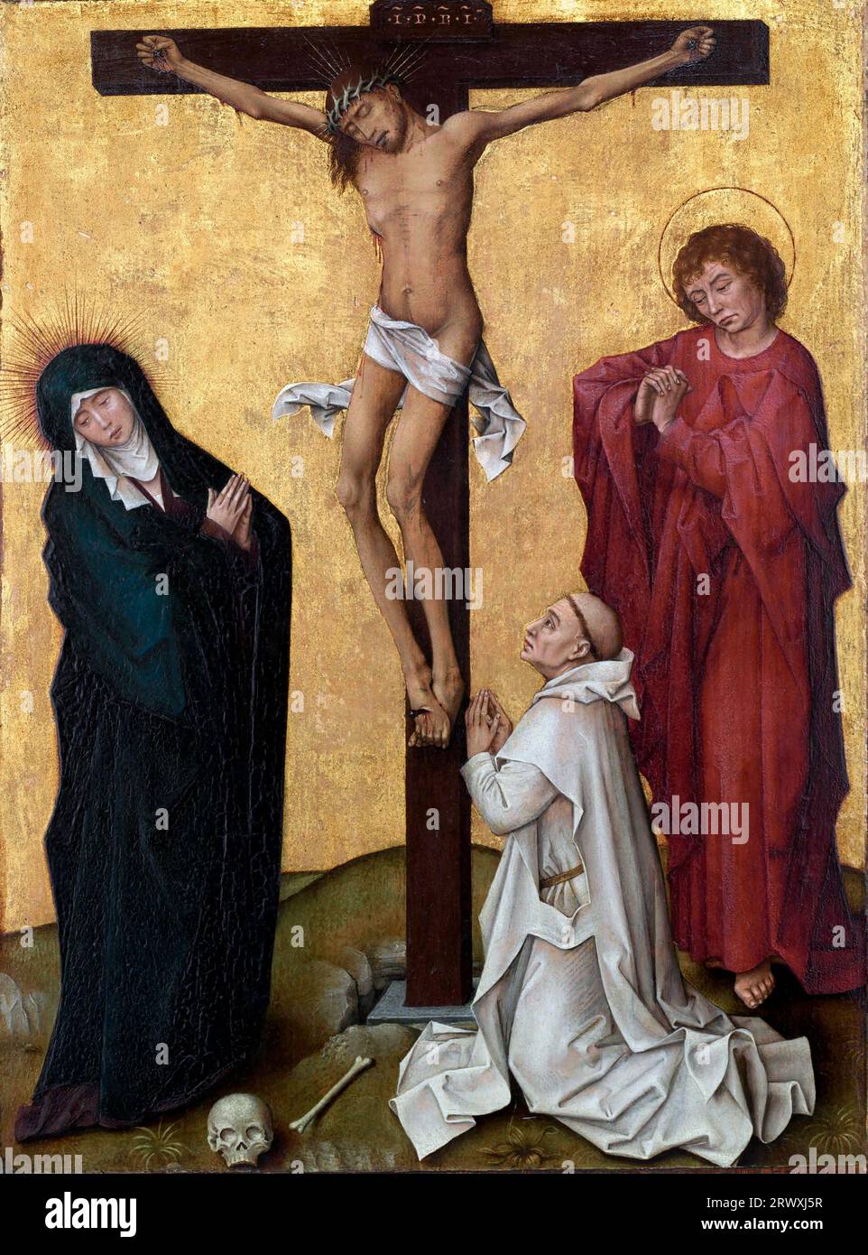 La Crucifixion avec un moine chartreux de Rogier van der Weyden (vers 1399-1464), huile et or sur bois, vers 1460 Banque D'Images