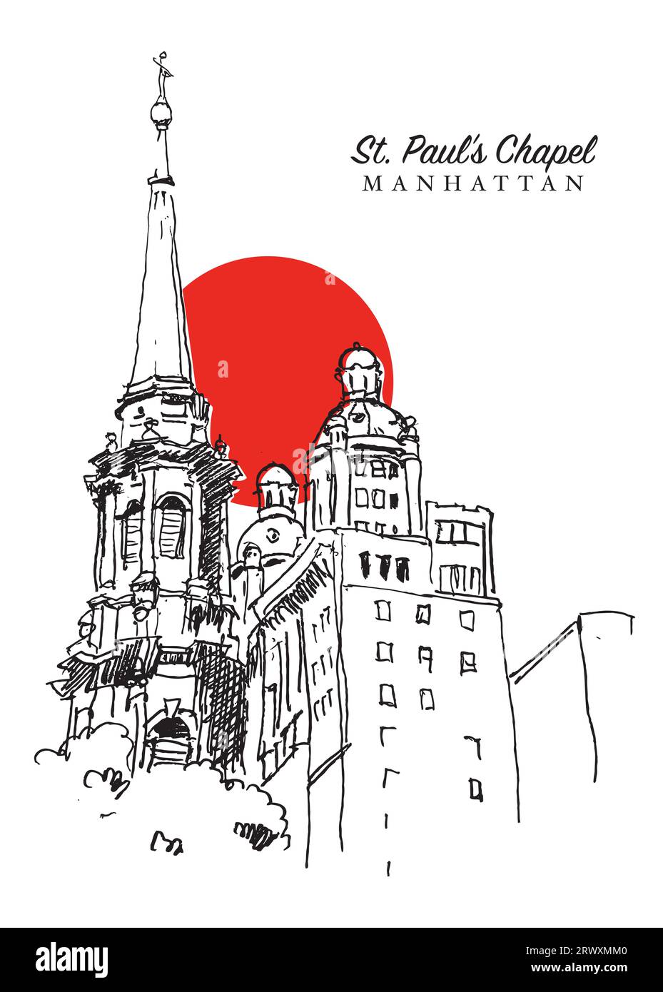 Illustration vectorielle dessinée à la main du clocher de St. Chapelle de Paul à Manhattan, New York, États-Unis. Banque D'Images