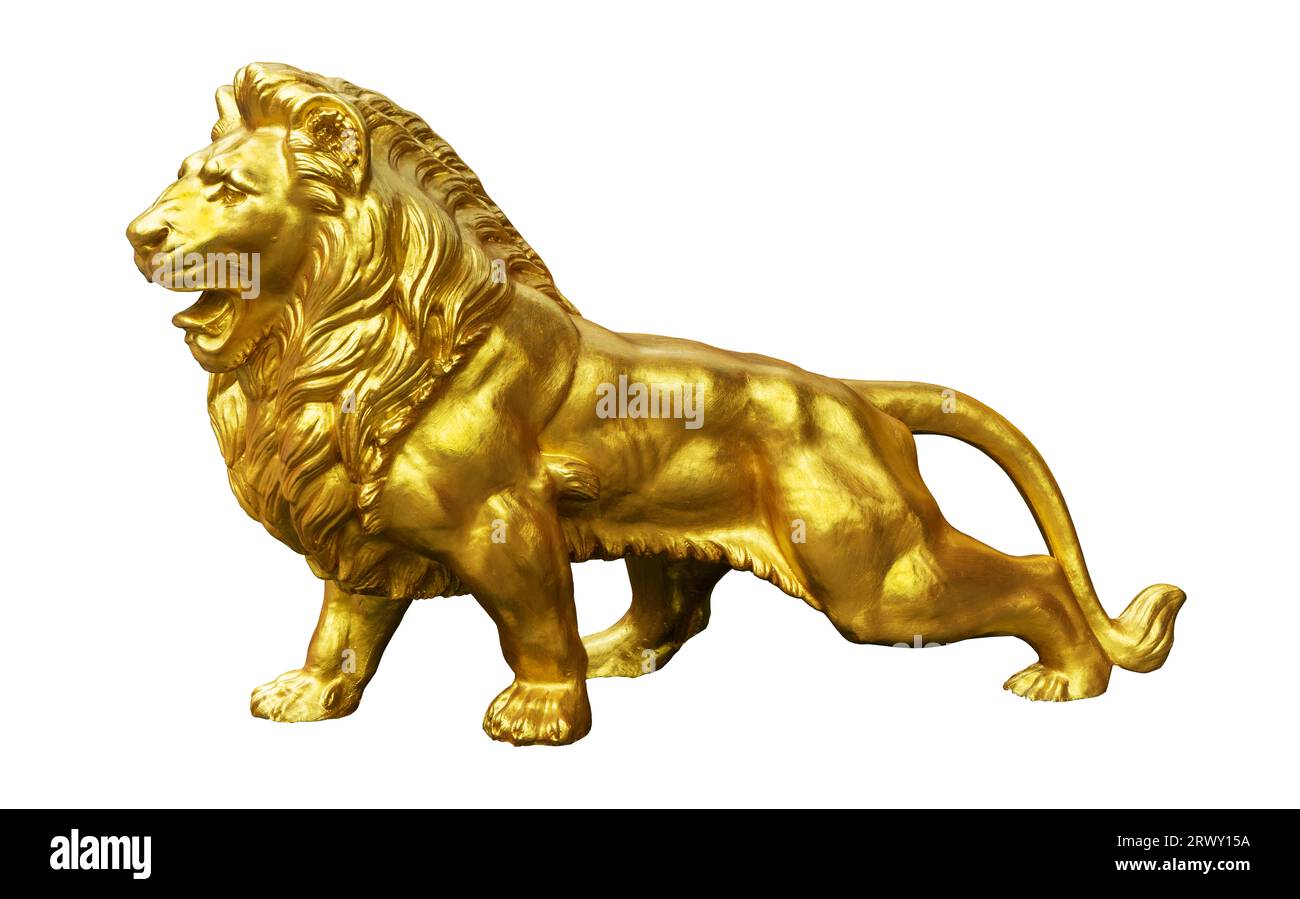 belle statue de lion doré sur un fond blanc. Œuvres d'art. Banque D'Images belle statue de lion doré sur un fond blanc. Œuvres d'art. Banque D'Images