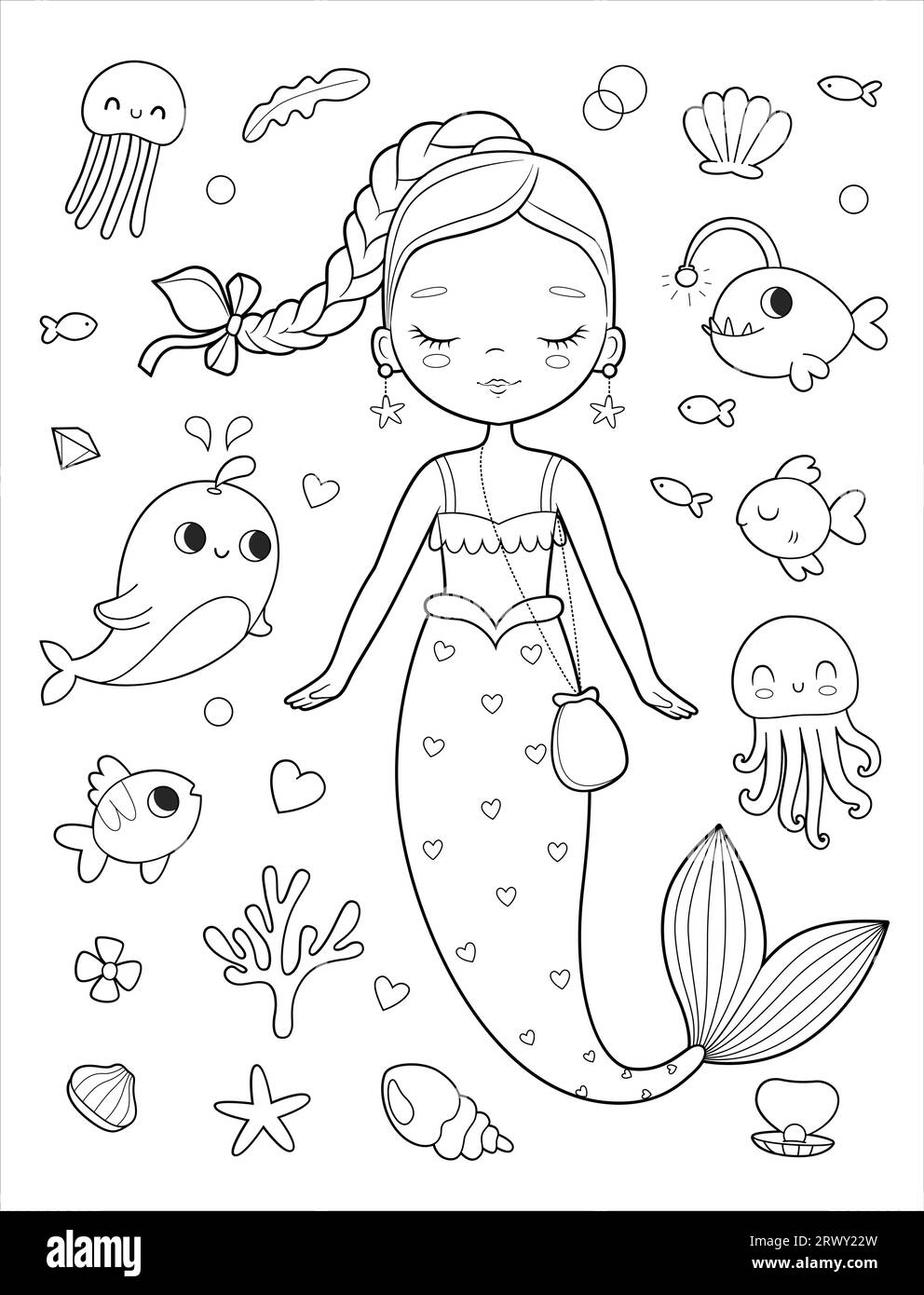 Mignonne sirène entourée de ses amis poissons, dauphins, pieuvres, étoiles de mer et autres créatures marines. Coloriage vectoriel Illustration de Vecteur
