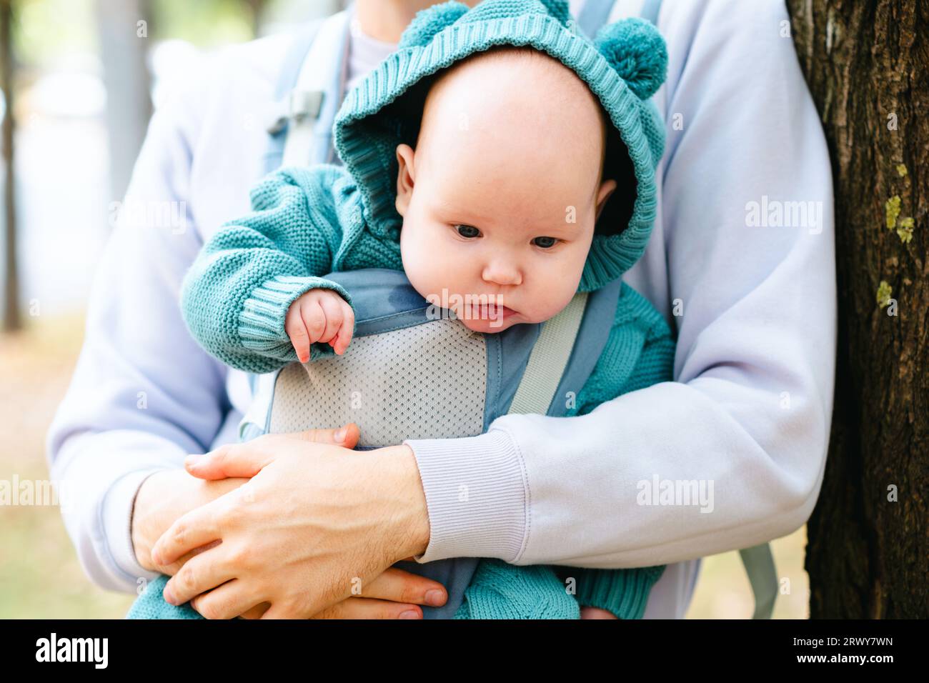 Bébé nouveau-né avec son jeune père dans une écharpe, gros plan Banque D'Images