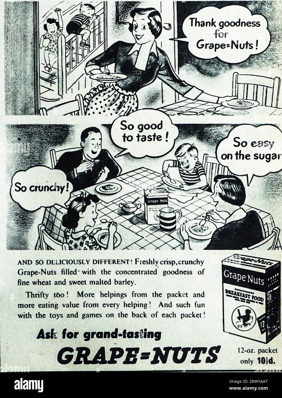 Une publicité de 1950 pour Grape NUTS petit déjeuner. Développé en 1897 et commercialisé comme une céréale qui pourrait améliorer la santé et la vitalité. Le produit a été fabriqué à partir de farine de sel et de levure séchée et développé par C. W. Post, un concurrent de Kelloggs. Banque D'Images
