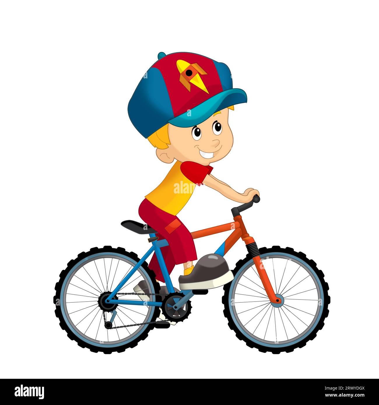 scène de dessin animé avec petit garçon à cheval sur un vélo pour le plaisir illustation isolée pour les enfants Banque D'Images