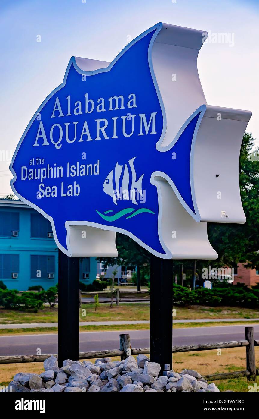 Un panneau en forme de poisson se dresse devant l'aquarium de l'Alabama (anciennement l'estuarium) et le laboratoire maritime de l'île Dauphin, le 15 août 2023, à Dauphin Island, en Alabama. Banque D'Images
