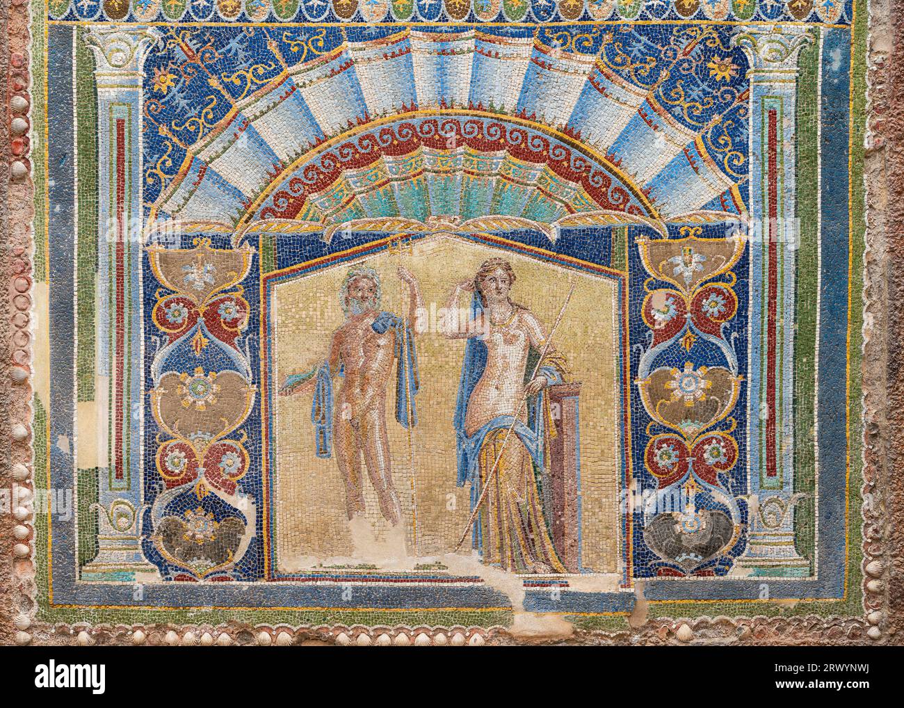 Détail d'une mosaïque de Neptune et Amphitrite à la Maison de Neptune et Amphitrite dans l'ancienne ville d'Herculanum, Ercolano, Campanie, Italie. Banque D'Images