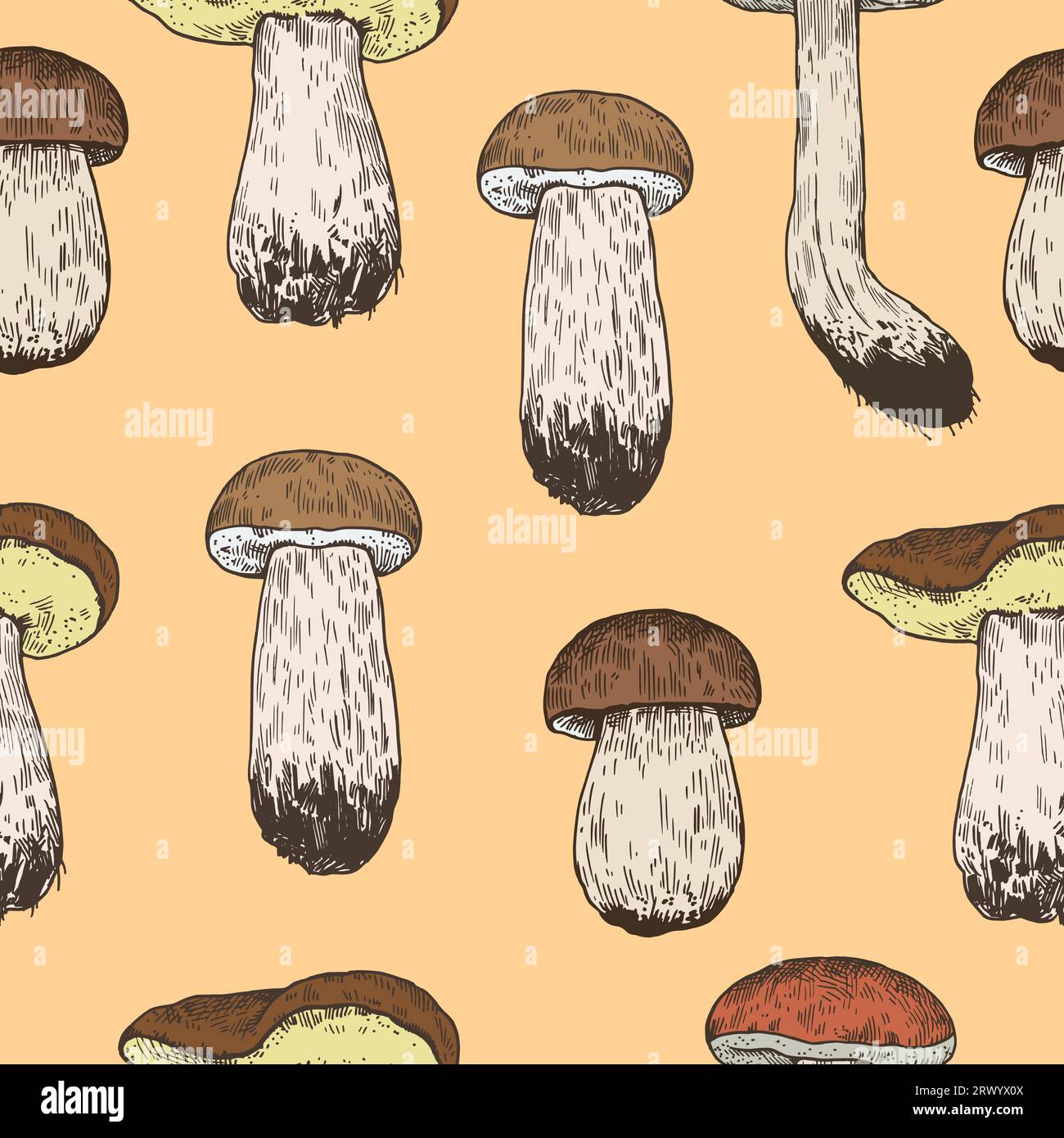 Motif sans couture avec des champignons dans le style de gravure rétro. Imprimé vintage dessiné à la main pour le design et le textile. Illustration de Vecteur