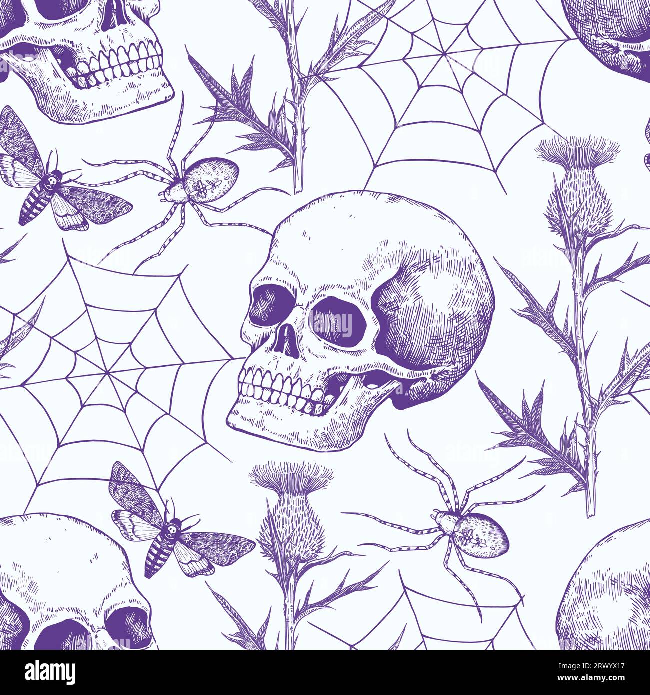Motif sans couture monochrome Halloween avec crâne humain réaliste, toile d'araignée, mites et fleurs. Imprimé gothique dans un style de gravure rétro. Illustration de Vecteur