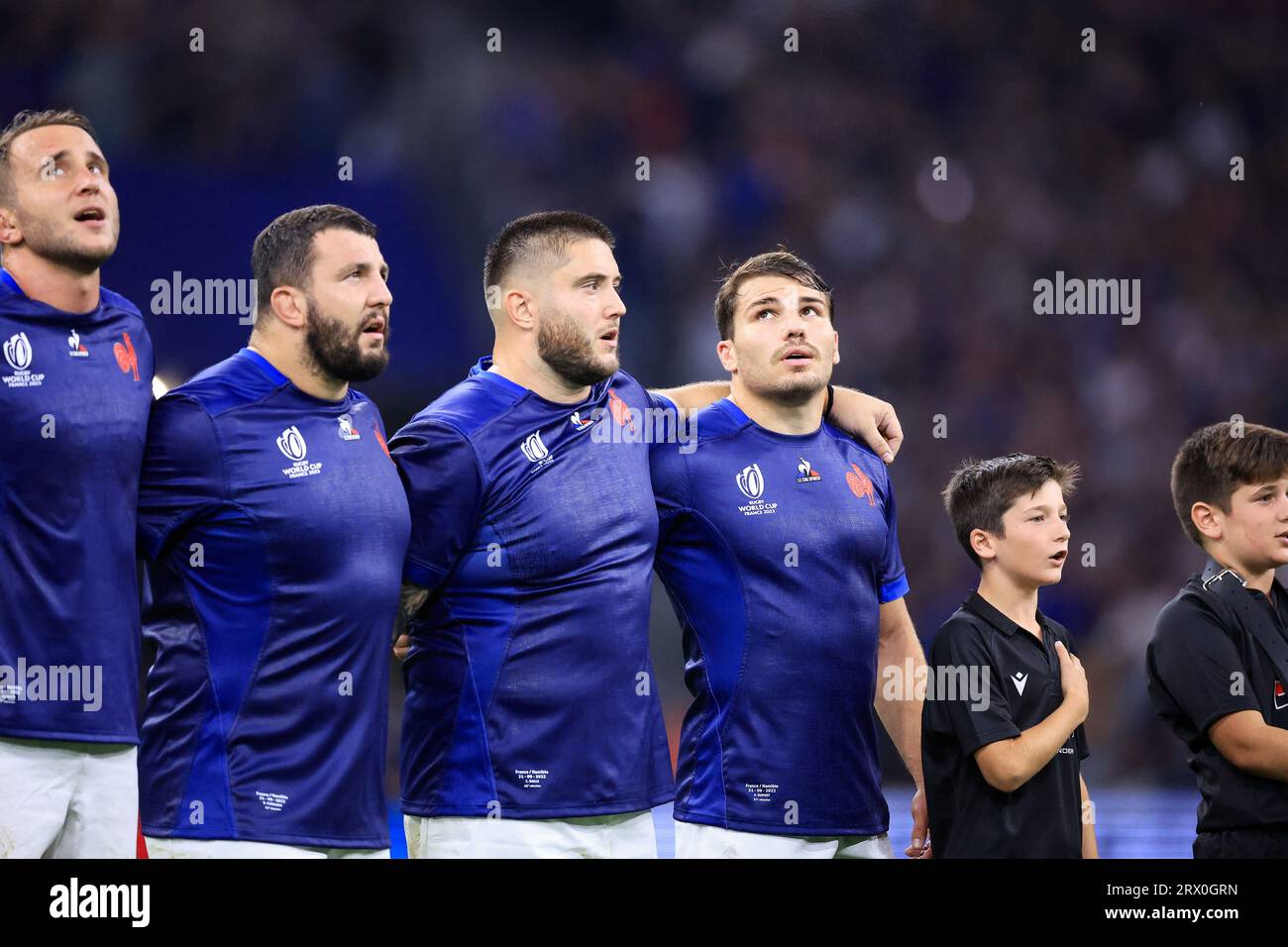 Marseille, France. 21 septembre 2023. Anthony Jelonch #8 de France, Dorian Aldegheri #18 de France, Cyril baille #1 de France, Antoine Dupont #9 de France lors du match de coupe du monde de rugby entre la France et la Namibie au Stade de Marseille le 21 septembre 2023 à Marseille, France. Photo Baptiste Paquot/ABACAPRESS.COM crédit : Abaca Press/Alamy Live News Banque D'Images