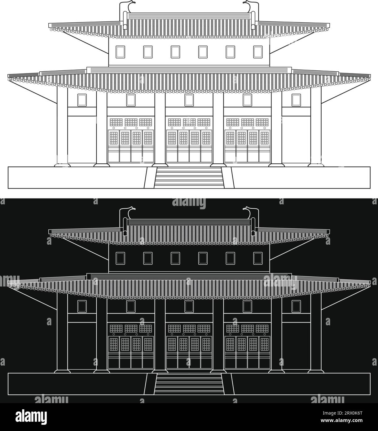 Illustration vectorielle modifiable superposée du profil de construction de style traditionnel asiatique. Illustration de Vecteur