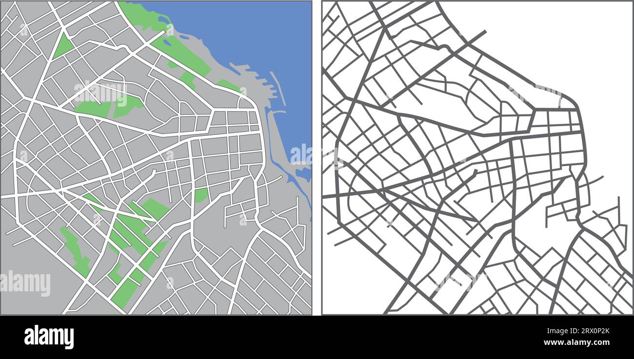 streetmap vectoriel éditable en couches de Buenos Aires, Argentine, qui contient des lignes et des formes colorées pour les terres, les routes, les rivières et les parcs. Illustration de Vecteur