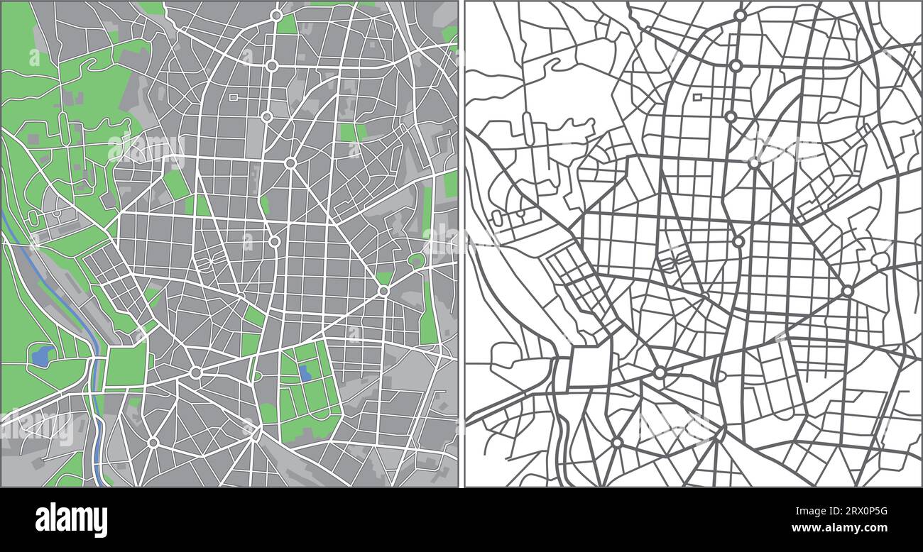 streetmap vectoriel éditable en couches de Madrid, Espagne, qui contient des lignes et des formes colorées pour les terres, les routes, les rivières et les parcs. Illustration de Vecteur