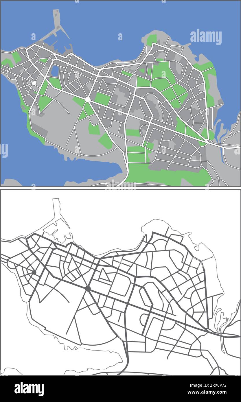 streetmap vectoriel éditable en couches de Reykjavik, Islande, qui contient des lignes et des formes colorées pour les terres, les routes, les rivières et les parcs. Illustration de Vecteur