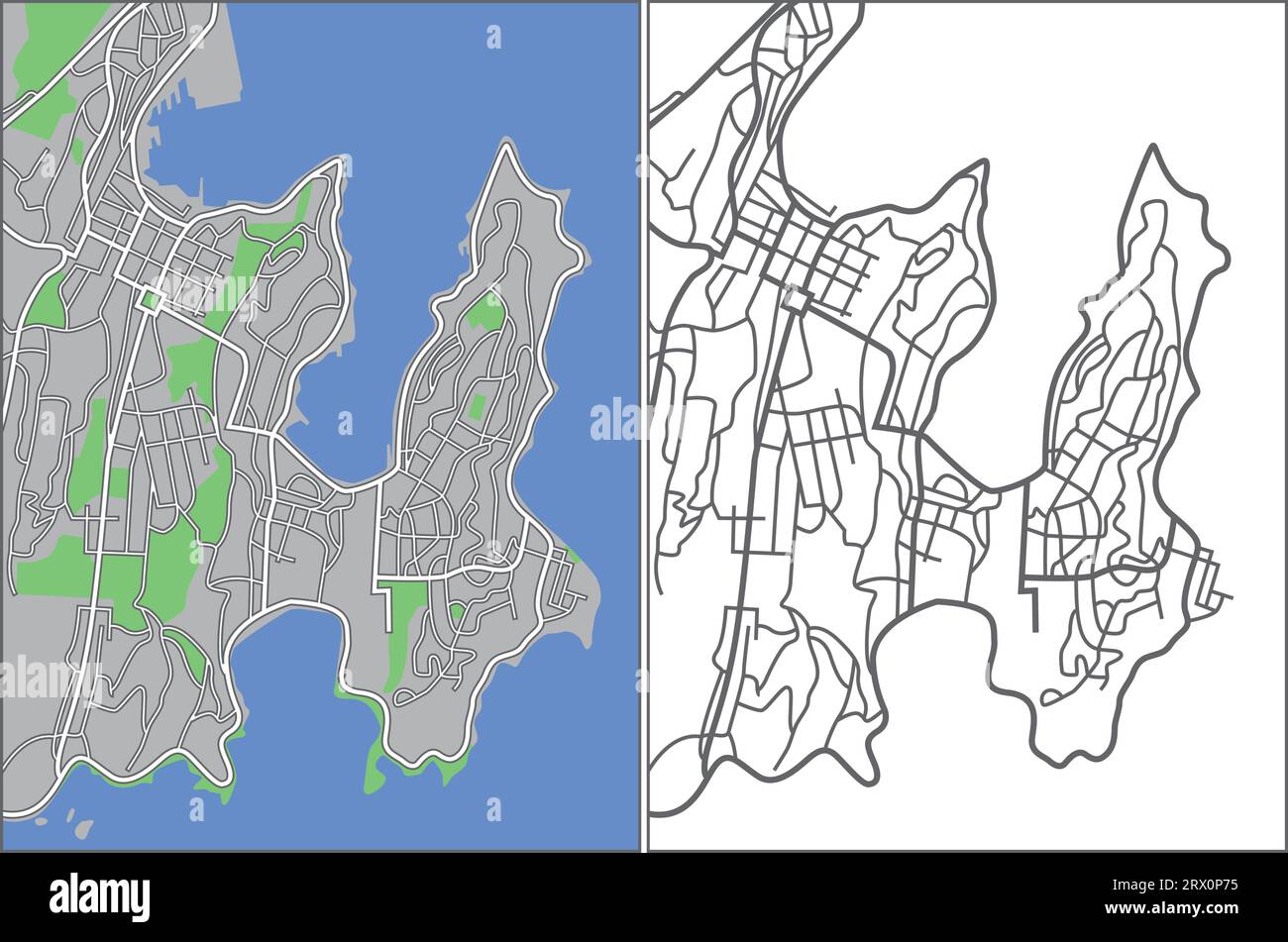 streetmap vectoriel éditable en couches de Wellington, Nouvelle-Zélande, qui contient des lignes et des formes colorées pour les terres, les routes et les parcs. Illustration de Vecteur