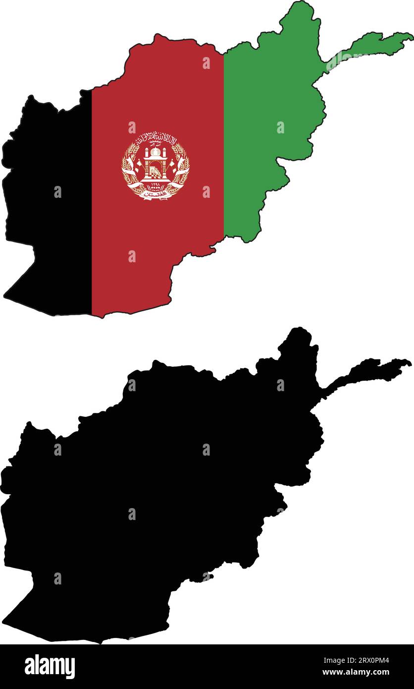 Carte de pays d'illustration vectorielle éditable en couches de l'Afghanistan, qui contient deux versions, version de drapeau de pays coloré et version de silhouette noire Illustration de Vecteur