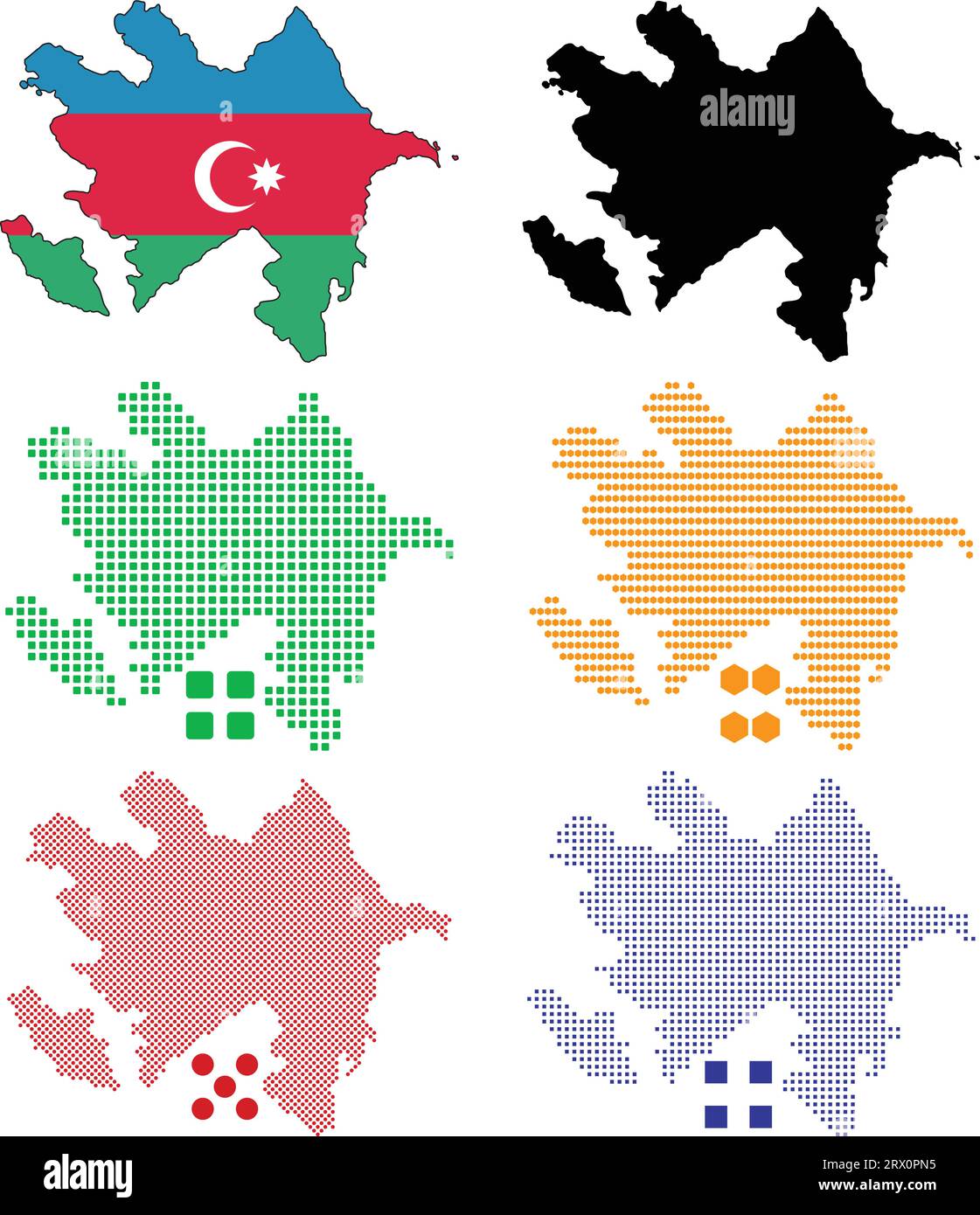 Carte de pays d'illustration vectorielle éditable en couches de l'Azerbaïdjan, qui contient la version de drapeau de pays coloré, la version de silhouette noire et defferent pix Illustration de Vecteur